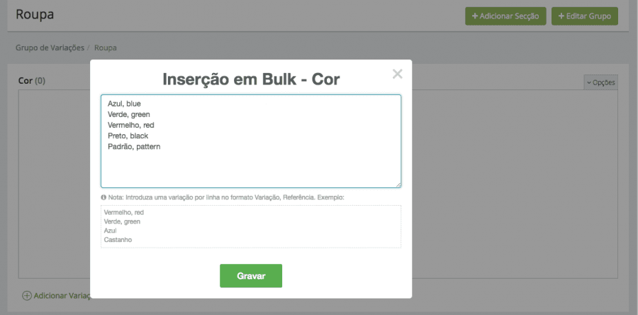 Criar Grupo de Variações - Passo 2